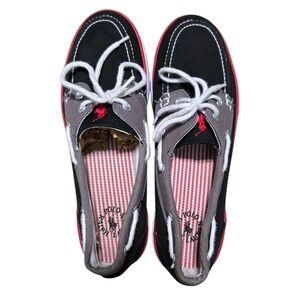 Polo Ralph Lauren Lander Black Red Canvas Lace Up Boat Shoes - Men's Size 8.5 D